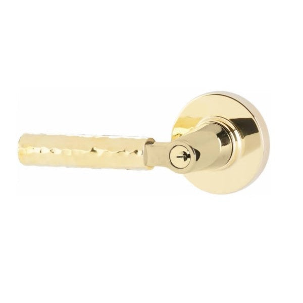 Emtek Select L-Square Hammered Lever with Disk Rosette in Unlacquered Brass finish