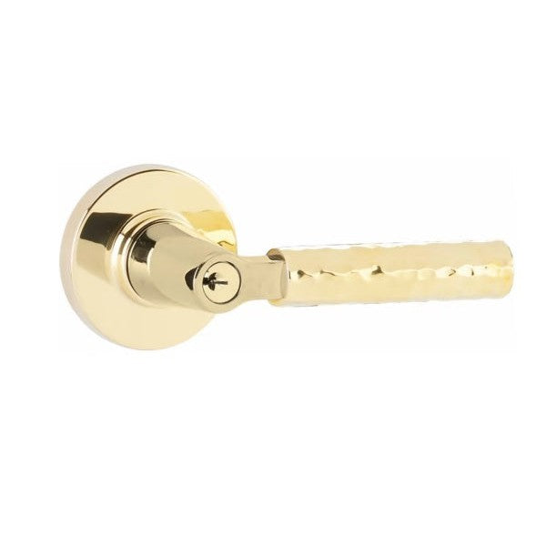 Emtek Select L-Square Hammered Lever with Disk Rosette in Unlacquered Brass finish