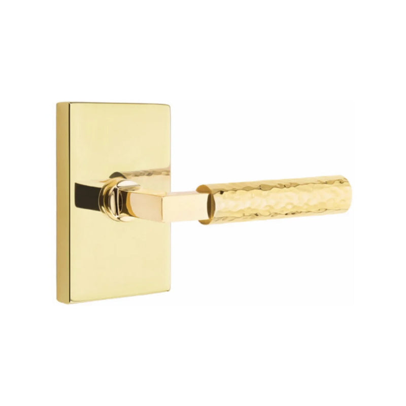 Emtek Select L-Square Hammered Lever with Modern Rectangular Rosette in Unlacquered Brass finish