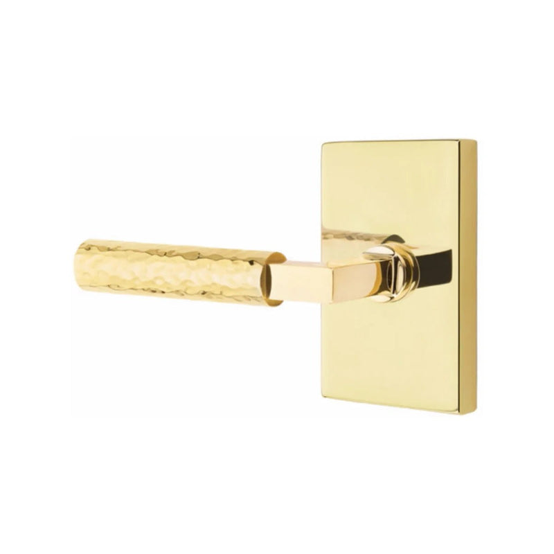 Emtek Select L-Square Hammered Lever with Modern Rectangular Rosette in Unlacquered Brass finish