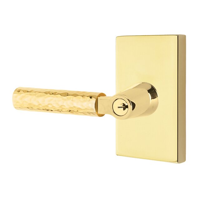 Emtek Select L-Square Hammered Lever with Modern Rectangular Rosette in Unlacquered Brass finish