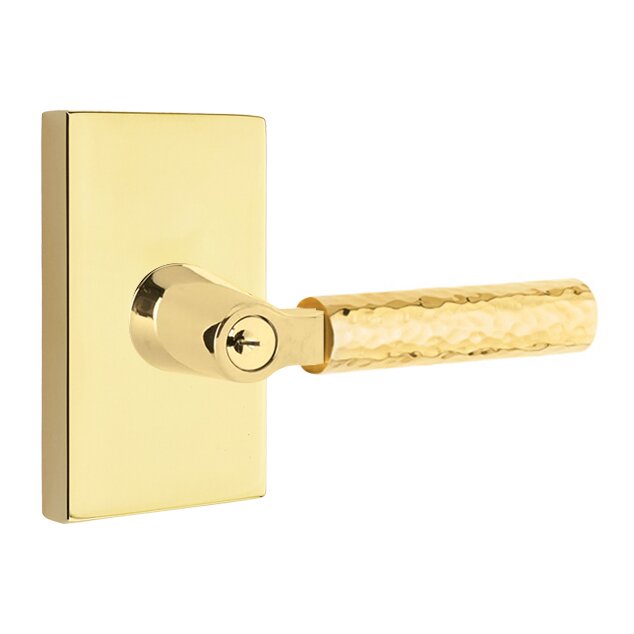 Emtek Select L-Square Hammered Lever with Modern Rectangular Rosette in Unlacquered Brass finish