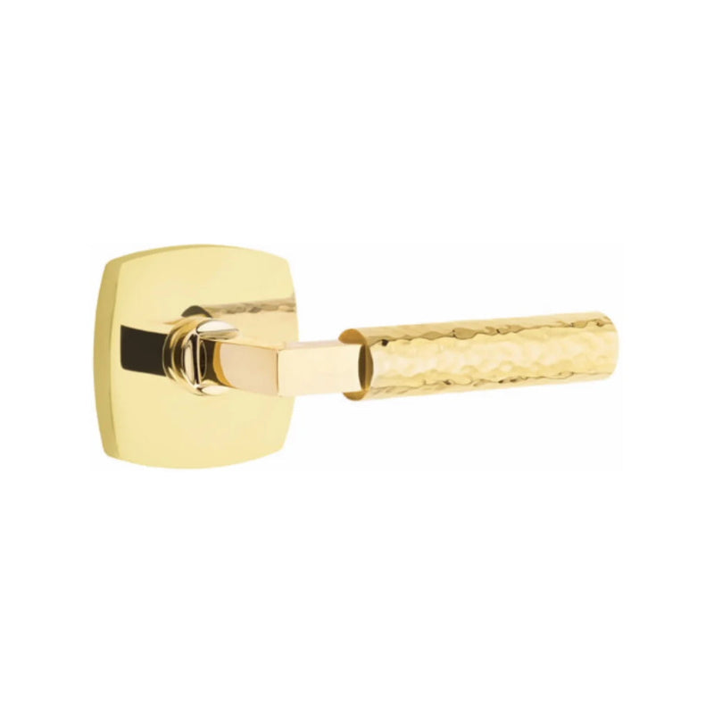 Emtek Select L-Square Hammered Lever with Urban Modern Rosette in Unlacquered Brass finish