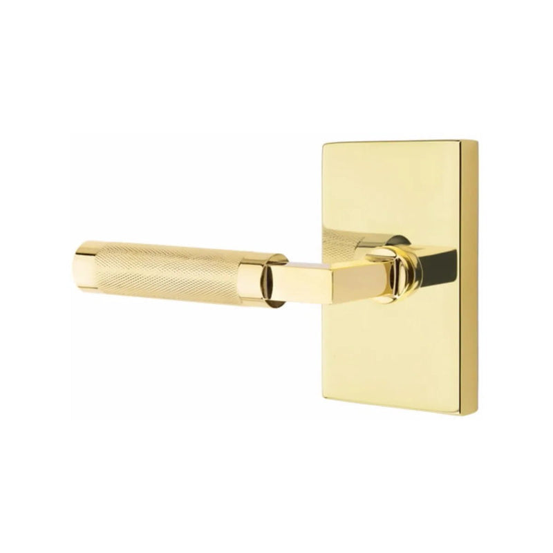 Emtek Select L-Square Knurled Lever with Modern Rectangular Rosette in Unlacquered Brass finish