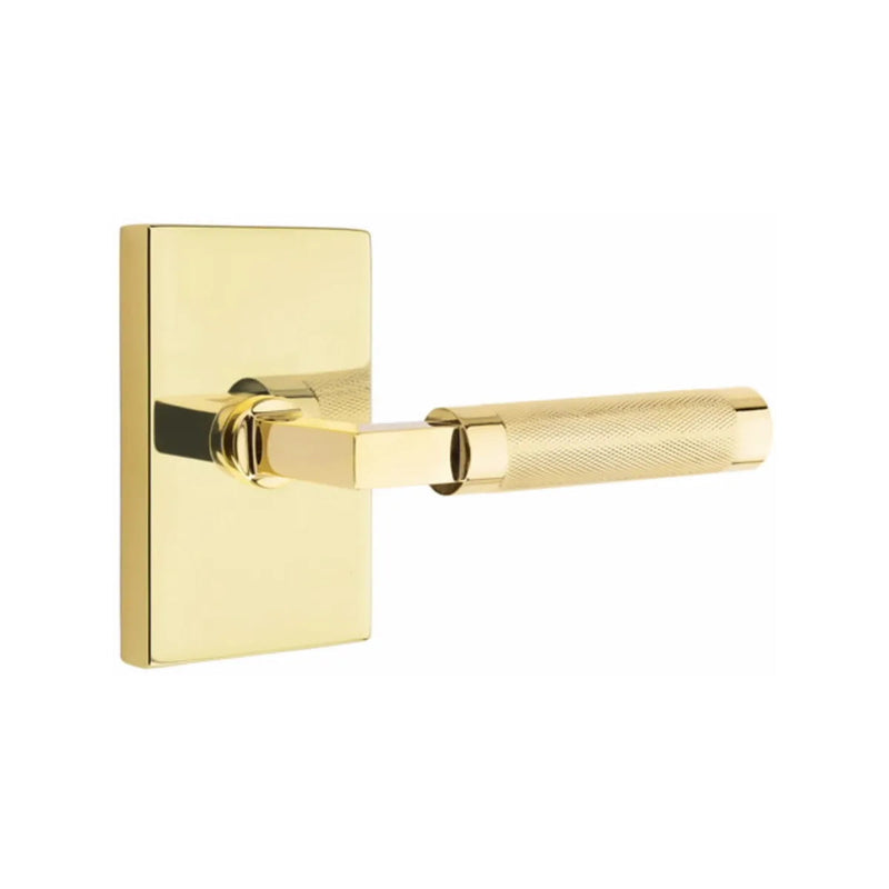 Emtek Select L-Square Knurled Lever with Modern Rectangular Rosette in Unlacquered Brass finish