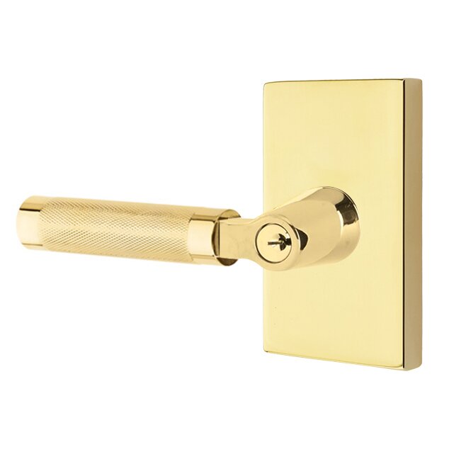 Emtek Select L-Square Knurled Lever with Modern Rectangular Rosette in Unlacquered Brass finish