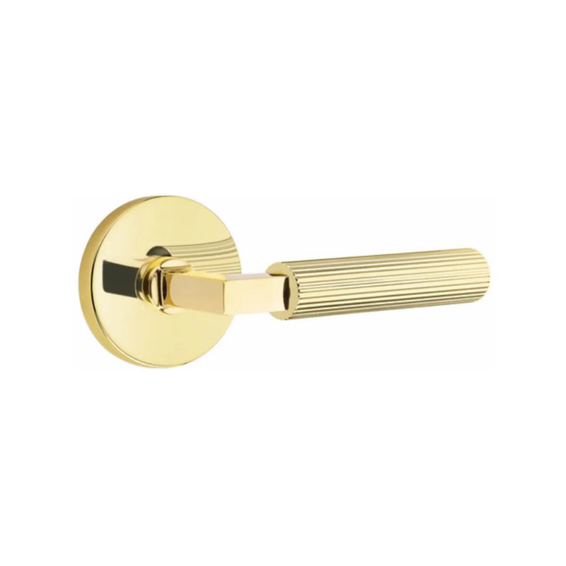 Emtek Select L-Square Straight Knurled Lever with Disk Rosette in Unlacquered Brass finish