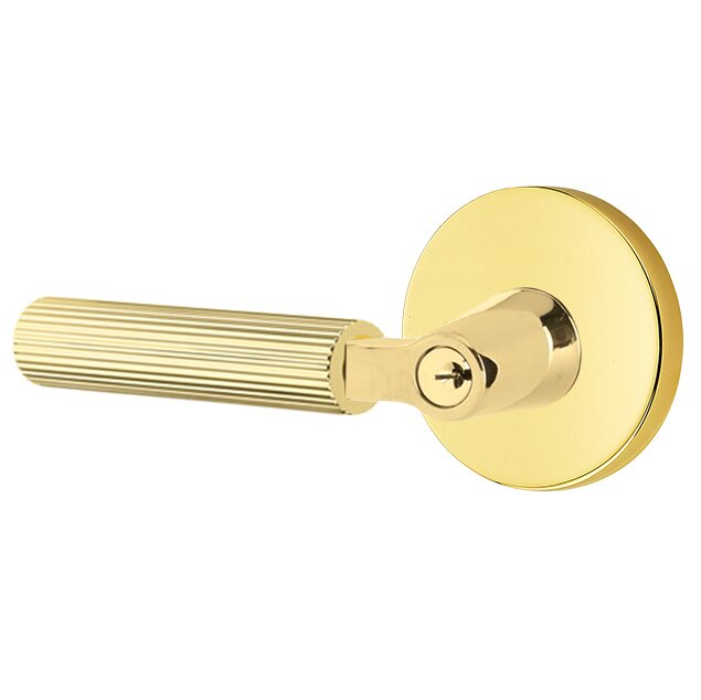 Emtek Select L-Square Straight Knurled Lever with Disk Rosette in Unlacquered Brass finish