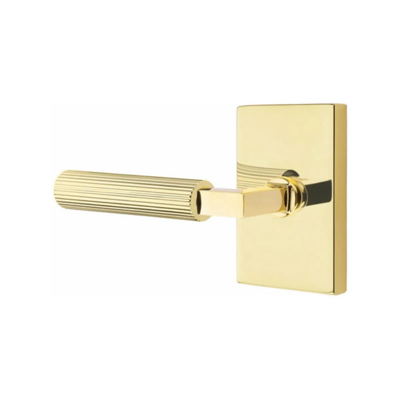 Emtek Select L-Square Straight Knurled Lever with Modern Rectangular Rosette in Unlacquered Brass finish