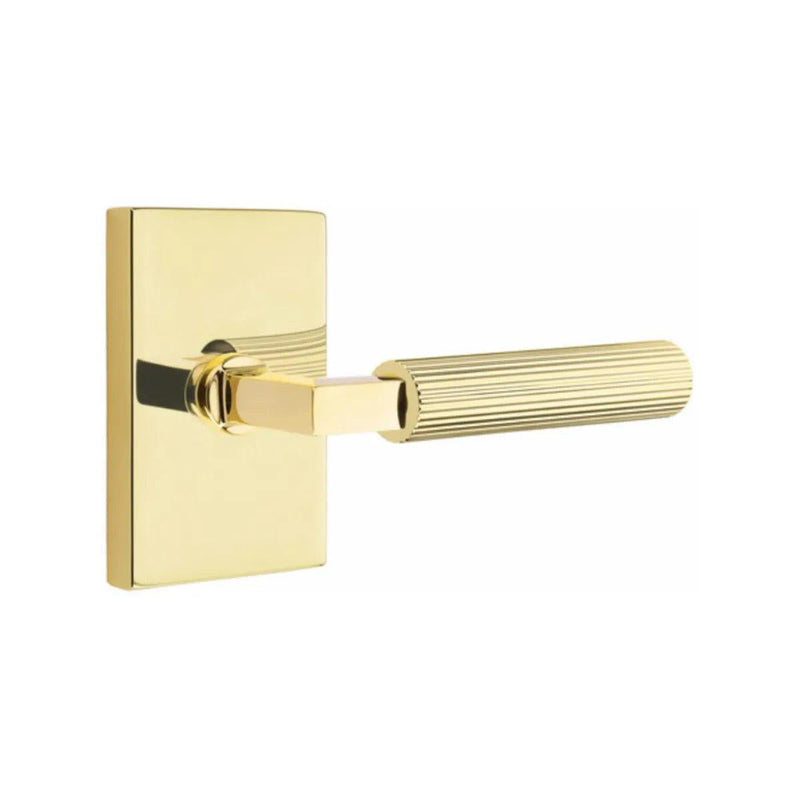 Emtek Select L-Square Straight Knurled Lever with Modern Rectangular Rosette in Unlacquered Brass finish