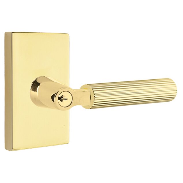 Emtek Select L-Square Straight Knurled Lever with Modern Rectangular Rosette in Unlacquered Brass finish