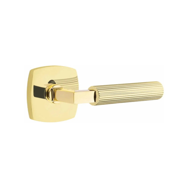 Emtek Select L-Square Straight Knurled Lever with Urban Modern Rosette in Unlacquered Brass finish