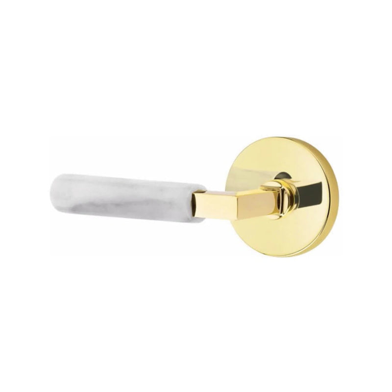 Emtek Select L-Square White Marble Lever with Disk Rosette in Unlacquered Brass finish