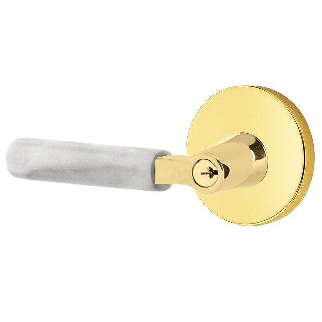 Emtek Select L-Square White Marble Lever with Disk Rosette in Unlacquered Brass finish