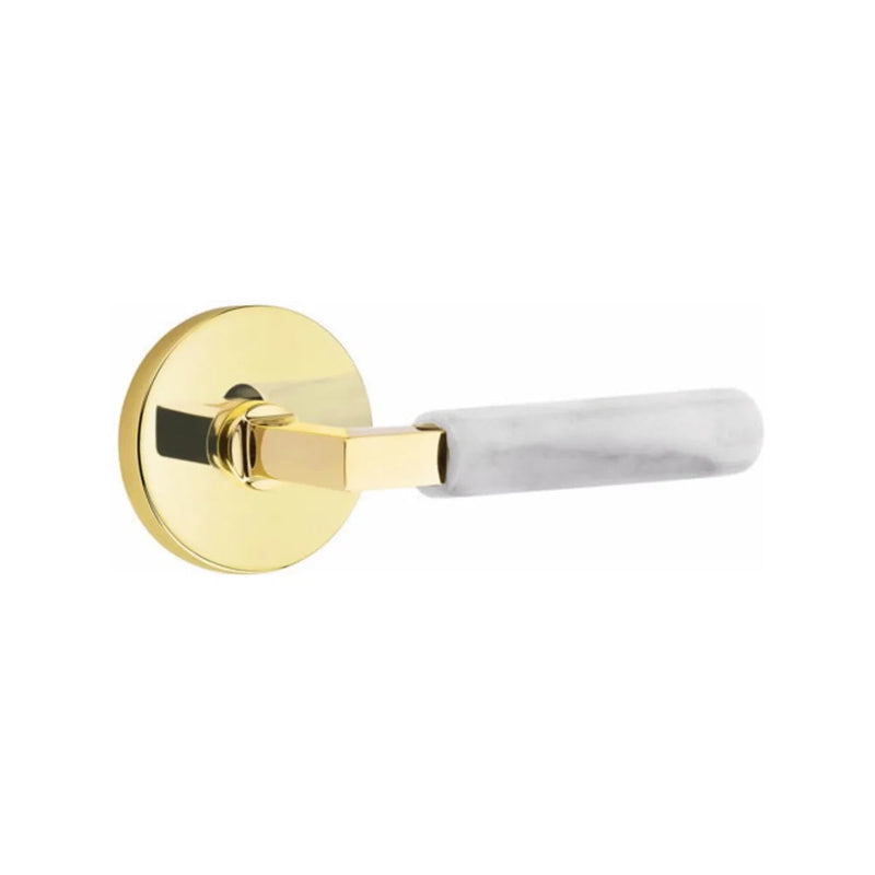 Emtek Select L-Square White Marble Lever with Disk Rosette in Unlacquered Brass finish