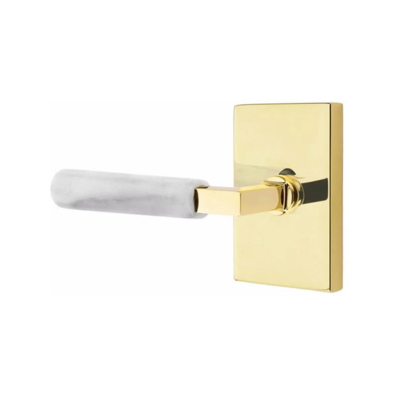 Emtek Select L-Square White Marble Lever with Modern Rectangular Rosette in Unlacquered Brass finish