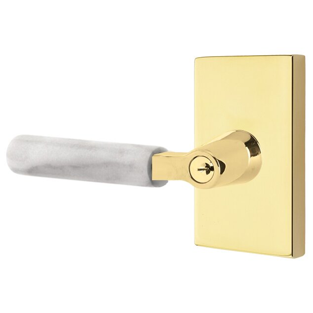 Emtek Select L-Square White Marble Lever with Modern Rectangular Rosette in Unlacquered Brass finish