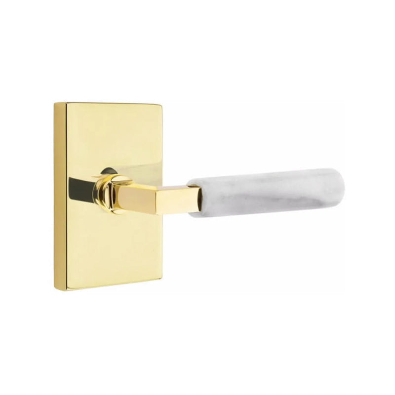 Emtek Select L-Square White Marble Lever with Modern Rectangular Rosette in Unlacquered Brass finish