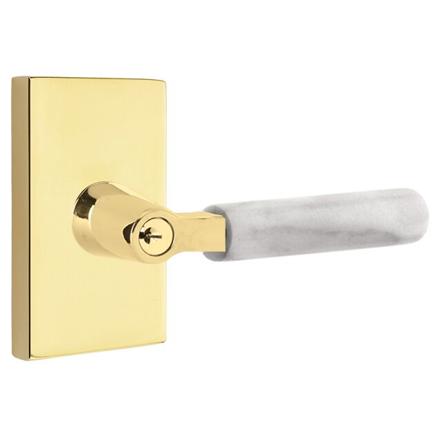 Emtek Select L-Square White Marble Lever with Modern Rectangular Rosette in Unlacquered Brass finish