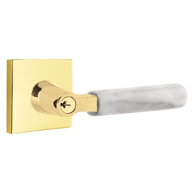 Emtek Select L-Square White Marble Lever with Square Rosette in Unlacquered Brass finish