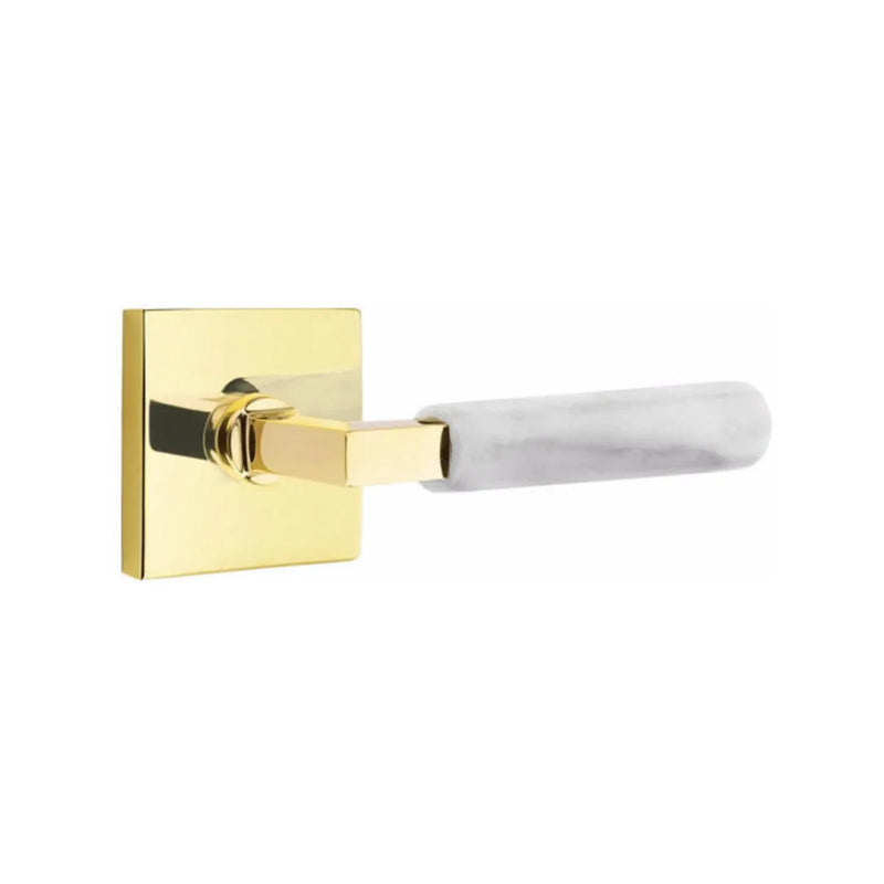 Emtek Select L-Square White Marble Lever with Square Rosette in Unlacquered Brass finish