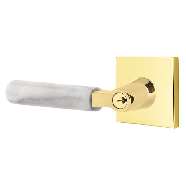 Emtek Select L-Square White Marble Lever with Square Rosette in Unlacquered Brass finish