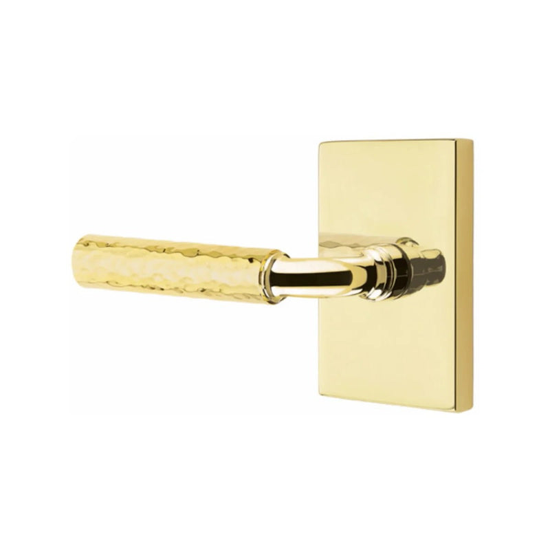 Emtek Select R-Bar Hammered Lever with Modern Rectangular Rosette in Unlacquered Brass finish