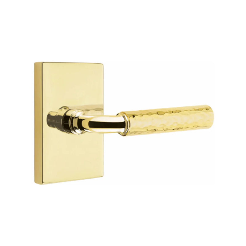 Emtek Select R-Bar Hammered Lever with Modern Rectangular Rosette in Unlacquered Brass finish