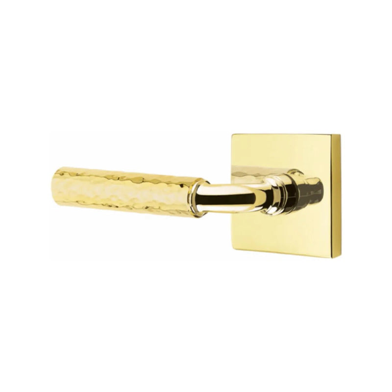 Emtek Select R-Bar Hammered Lever with Square Rosette in Unlacquered Brass finish