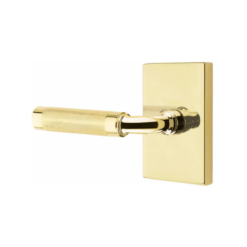 Emtek Select R-Bar Knurled Lever with Modern Rectangular Rosette in Unlacquered Brass finish