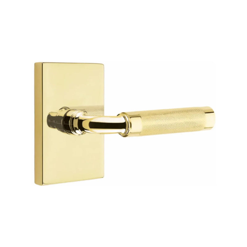 Emtek Select R-Bar Knurled Lever with Modern Rectangular Rosette in Unlacquered Brass finish