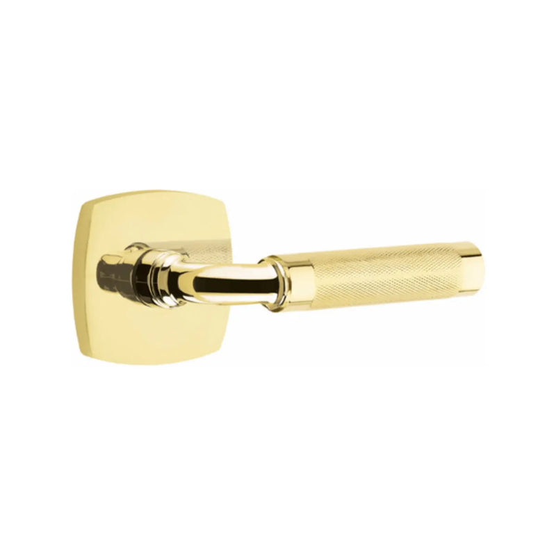 Emtek Select R-Bar Knurled Lever with Urban Modern Rosette in Unlacquered Brass finish