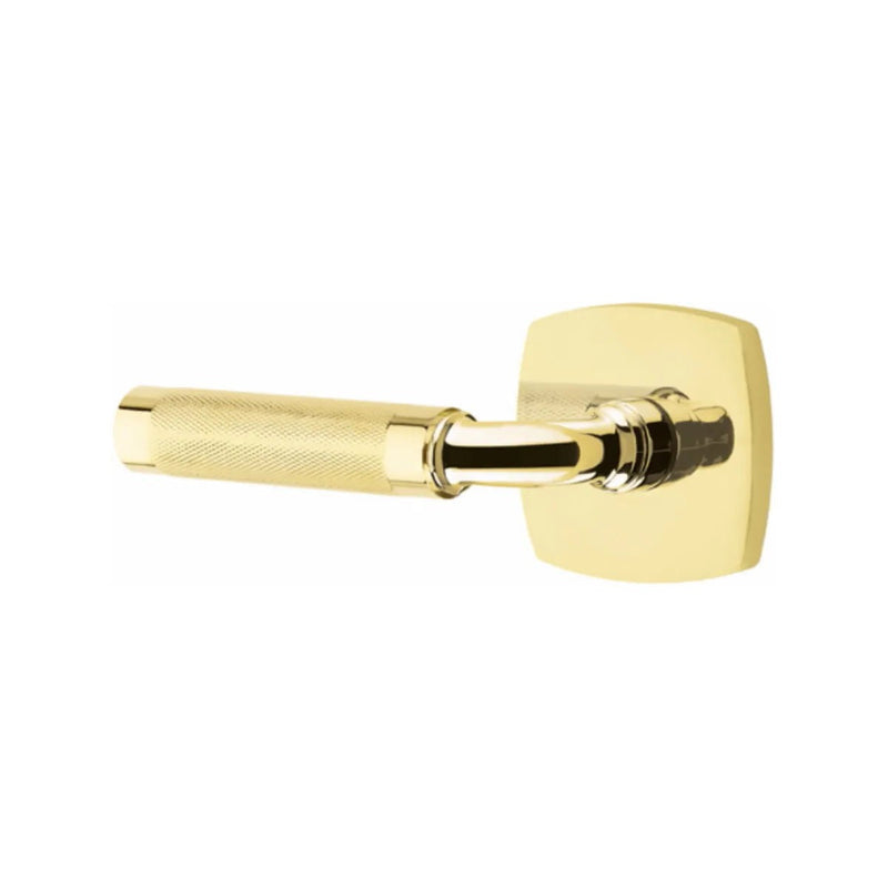 Emtek Select R-Bar Knurled Lever with Urban Modern Rosette in Unlacquered Brass finish