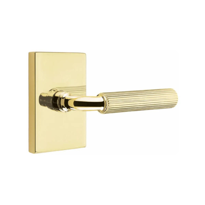 Emtek Select R-Bar Straight Knurled Lever with Modern Rectangular Rosette in Unlacquered Brass finish