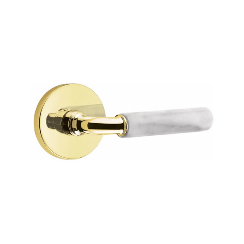 Emtek Select R-Bar White Marble Lever with Disk Rosette in Unlacquered Brass finish