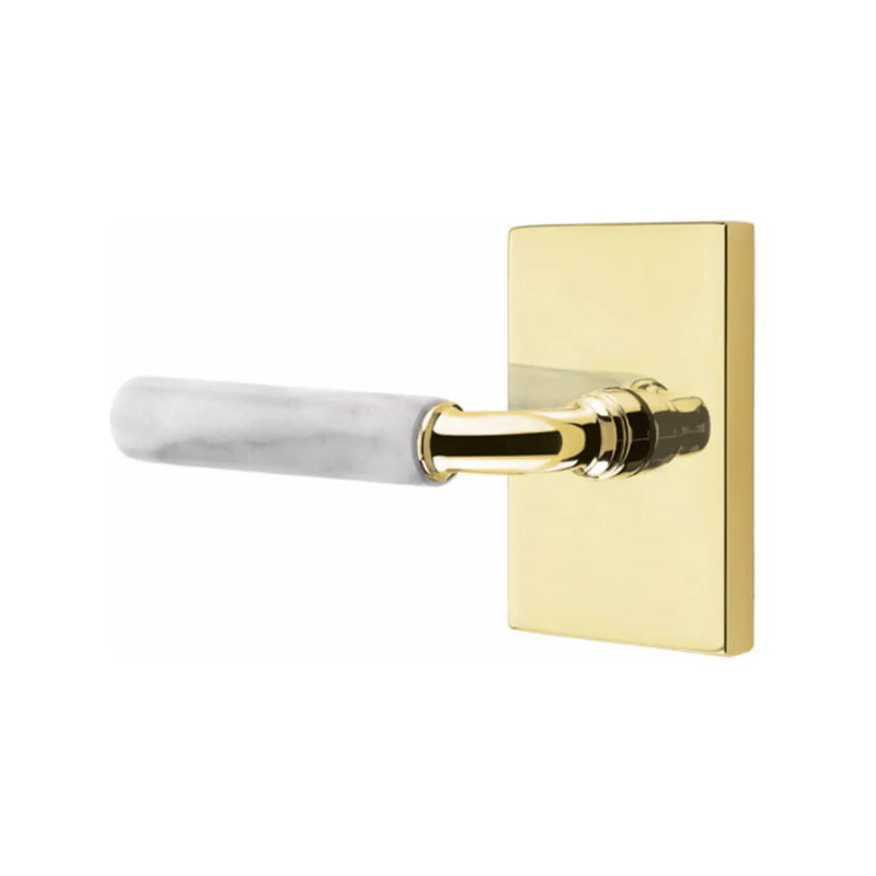 Emtek Select R-Bar White Marble Lever with Modern Rectangular Rosette in Unlacquered Brass finish