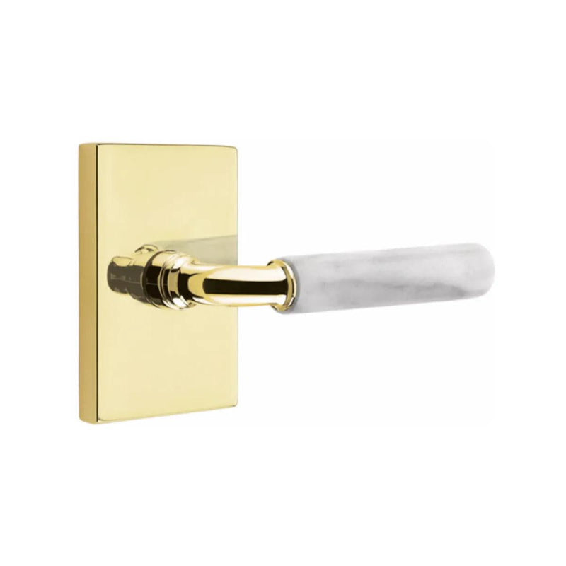 Emtek Select R-Bar White Marble Lever with Modern Rectangular Rosette in Unlacquered Brass finish