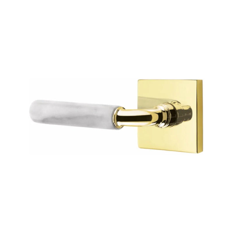 Emtek Select R-Bar White Marble Lever with Square Rosette in Unlacquered Brass finish