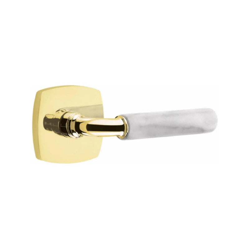 Emtek Select R-Bar White Marble Lever with Urban Modern Rosette in Unlacquered Brass finish