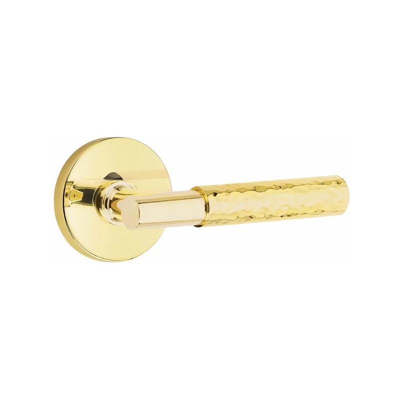 Emtek Select T-Bar Hammered Lever with Disk Rosette in Unlacquered Brass finish