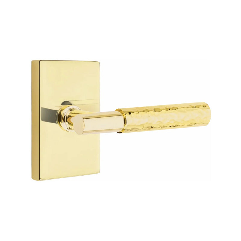 Emtek Select T-Bar Hammered Lever with Modern Rectangular Rosette in Unlacquered Brass finish