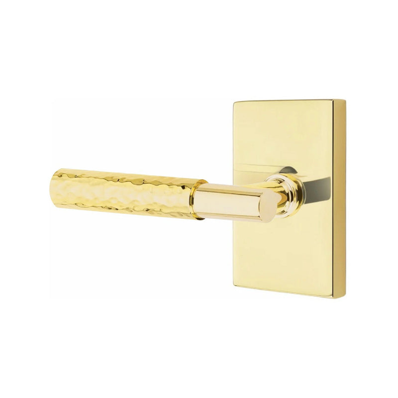 Emtek Select T-Bar Hammered Lever with Modern Rectangular Rosette in Unlacquered Brass finish