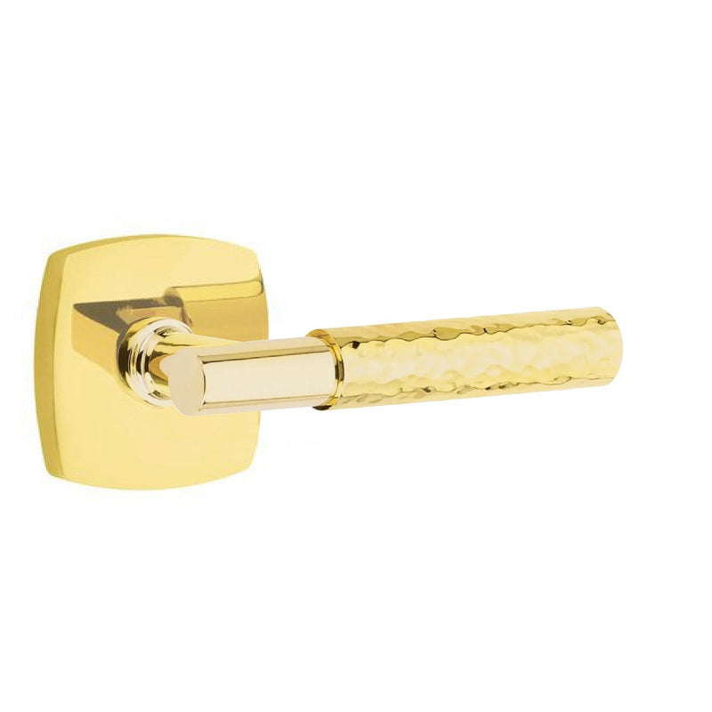 Emtek Select T-Bar Hammered Lever with Urban Modern Rosette in Unlacquered Brass finish