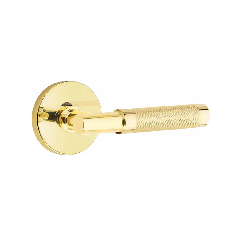 Emtek Select T-Bar Knurled Lever with Disk Rosette in Unlacquered Brass finish