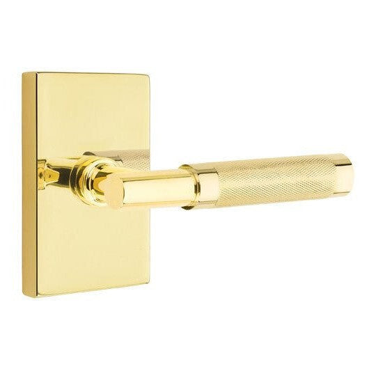 Emtek Select T-Bar Knurled Lever with Modern Rectangular Rosette in Unlacquered Brass finish