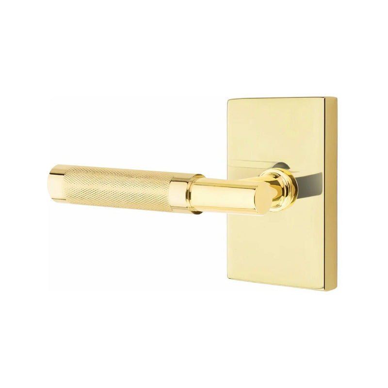 Emtek Select T-Bar Knurled Lever with Modern Rectangular Rosette in Unlacquered Brass finish