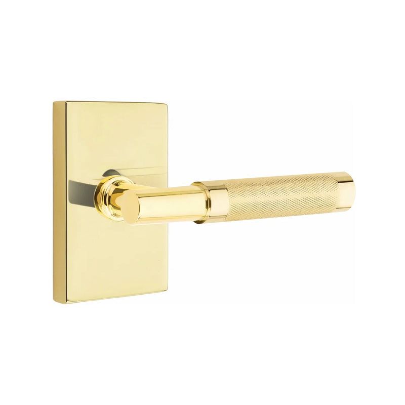 Emtek Select T-Bar Knurled Lever with Modern Rectangular Rosette in Unlacquered Brass finish