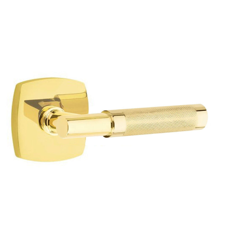 Emtek Select T-Bar Knurled Lever with Urban Modern Rosette in Unlacquered Brass finish