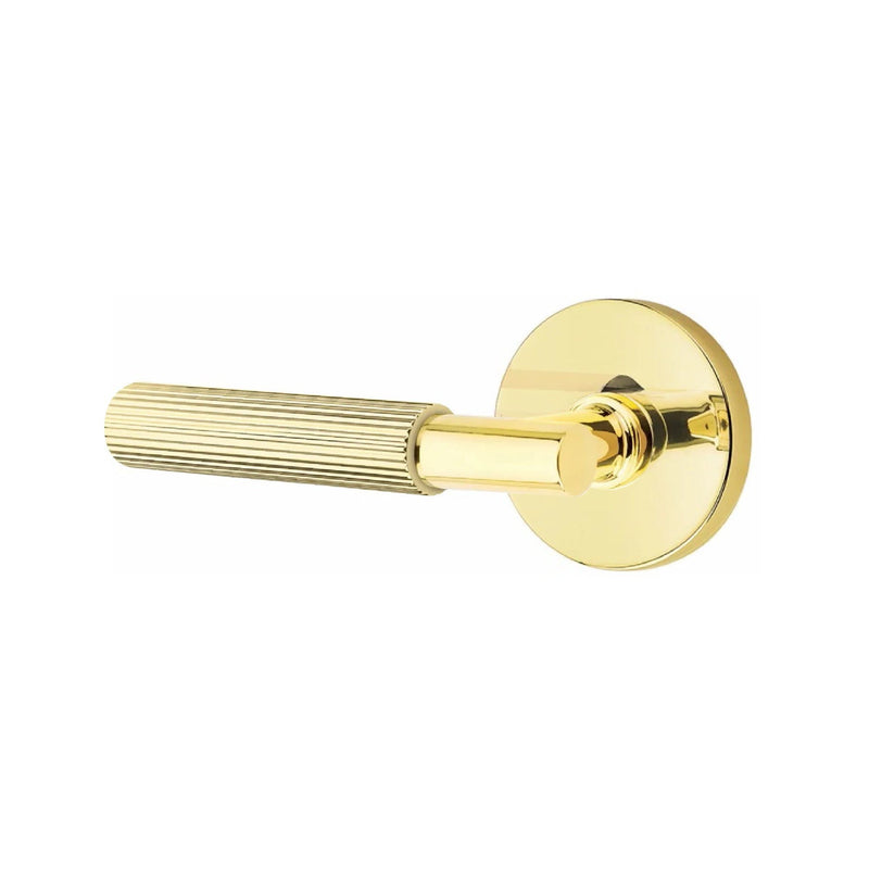 Emtek Select T-Bar Straight Knurled Lever with Disk Rosette in Unlacquered Brass finish