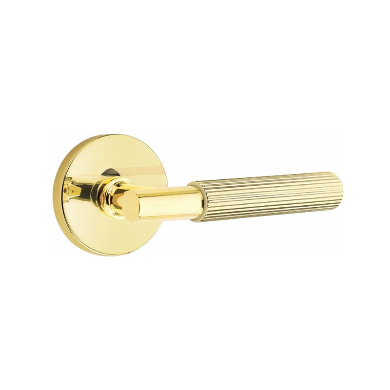 Emtek Select T-Bar Straight Knurled Lever with Disk Rosette in Unlacquered Brass finish